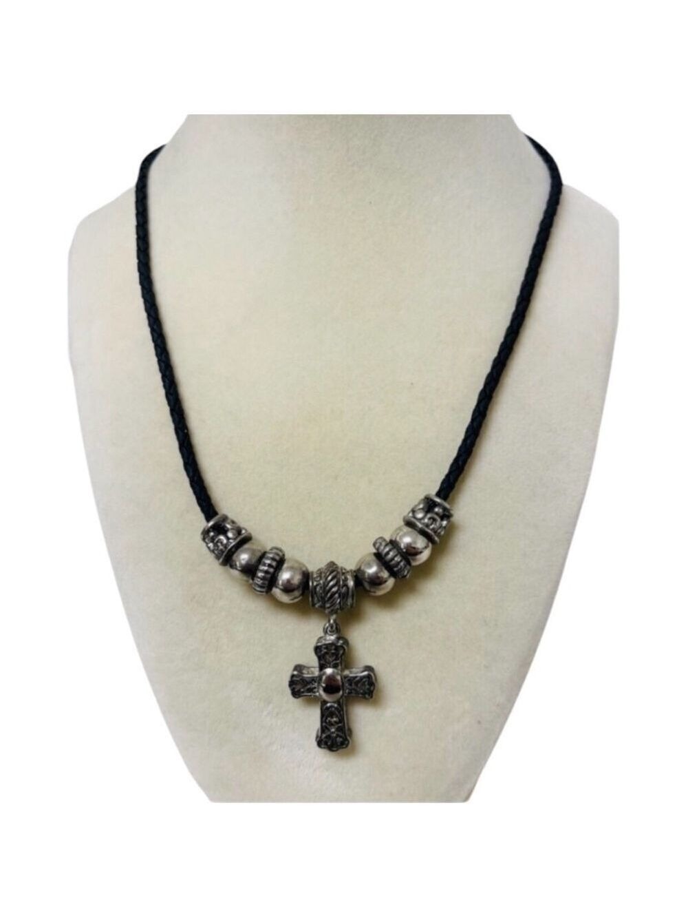 Brighton Silver Cross and Black Leather Necklace